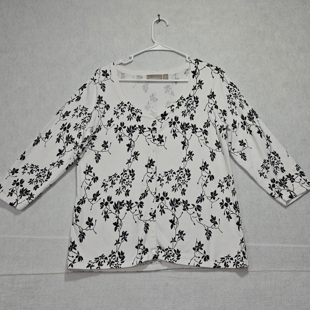 Croft & Barrow Womens XL White Black Floral 3/4 Sleeve Button Front Cardigan Top